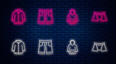 Set line Short or pants, Hoodie, and Men underpants. Glowing neon icon on brick wall. Vector