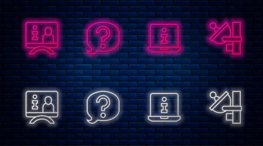 Set line Speech bubble chat, Information, Television report and Radar. Glowing neon icon on brick wall. Vector