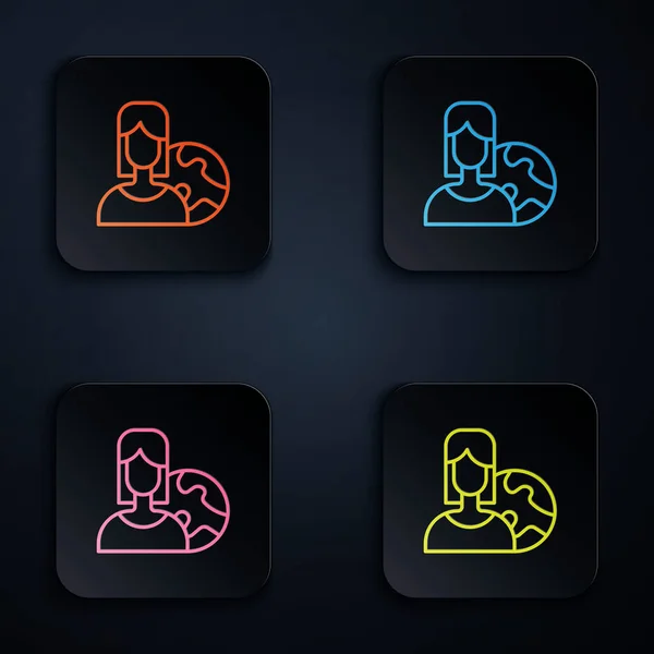 Color neon line Women from different countries and religions icon isolated on black background. Fight for freedom, independence, equality. Set icons in square buttons. Vector — Archivo Imágenes Vectoriales