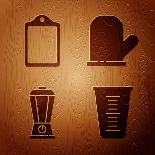 Set Measuring cup, Cutting board, Blender and Oven glove on wooden background. Vector — Image vectorielle