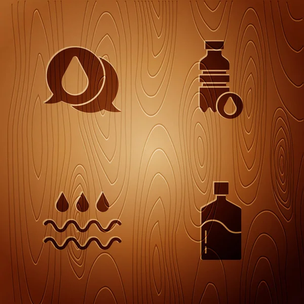 Set Grande bouteille d'eau propre, goutte d'eau, vague et bouteille de sur fond en bois. Vecteur — Image vectorielle