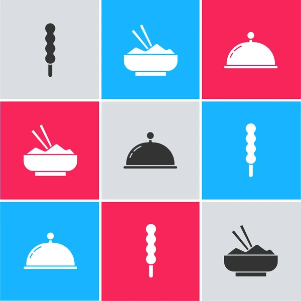 Set Lollipop, Rice in a bowl with chopstick and Covered tray icon. Vector — Vettoriale Stock