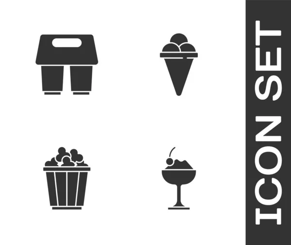 Set Ice cream in bowl, Coffee cup to go, Popcorn box and waffle cone icon. Vector — Vetor de Stock