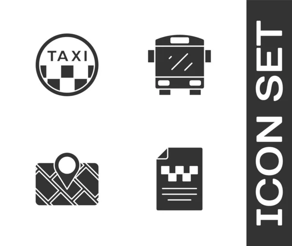 Establecer licencia de conducir Taxi, techo del coche, dispositivo Gps con mapa y el icono de autobús. Vector — Vector de stock