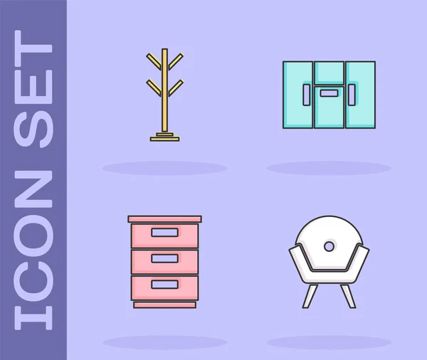 Set Armchair, Coat stand, Furniture nightstand and Wardrobe icon. Vector — Stockový vektor