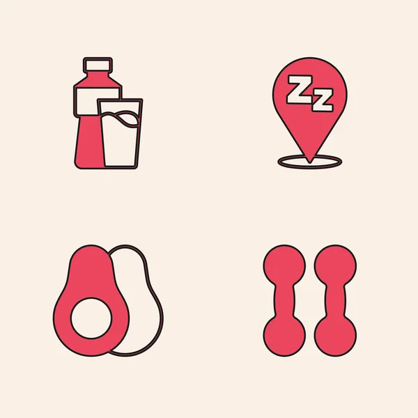 Set Dumbbell, Bottle of water with glass, Sleepy and Avocado fruit icon. Vector — Stockvektor