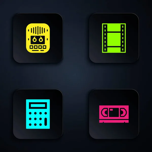 Set VHS video cassette tape, Cassette player, Calculator and Play Video. Black square button. Vector — Wektor stockowy