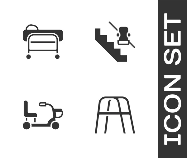 Set Walker, Stretcher, Electric wheelchair and Disabled elevator icon. Vector — Stock Vector