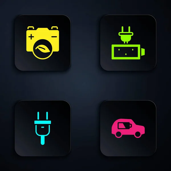 Set Electric car, Eco nature leaf battery, plug and Battery charge. Black square button. Vector — 图库矢量图片