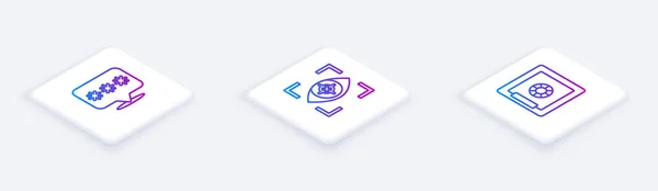 Set Isometric line Password protection, Eye scan and Safe. White square button. Vector — Stock vektor