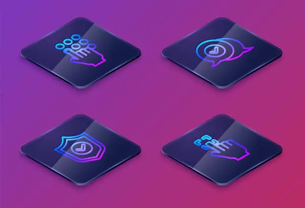 Set Isometric line Password protection, Shield with check mark, Check in speech bubble and Fingerprint. Blue square button. Vector — Stockvektor