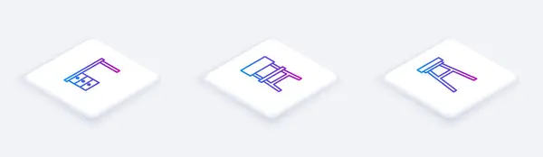 Set Isometric line Office desk, Chair and . White square button. Vector — 图库矢量图片