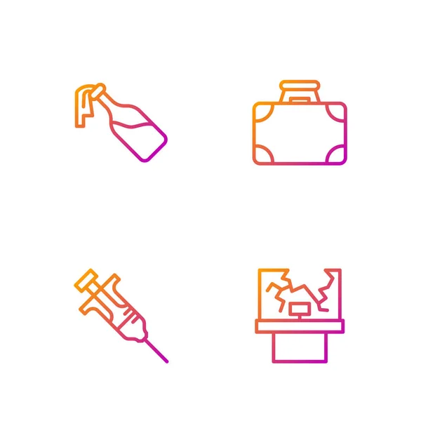 Set line Broken window, Syringe, Cocktail molotov and Briefcase and money. Gradient color icons. Vector — ストックベクタ