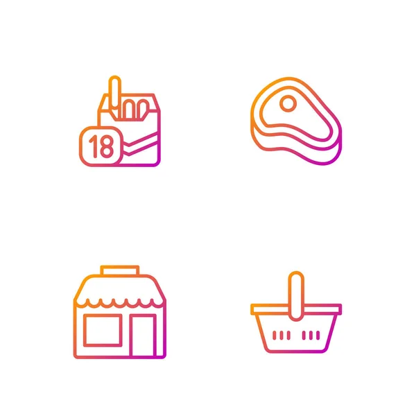 Set line Shopping basket, Market store, Cigarettes pack box and Steak meat. Gradient color icons. Vector — ストックベクタ