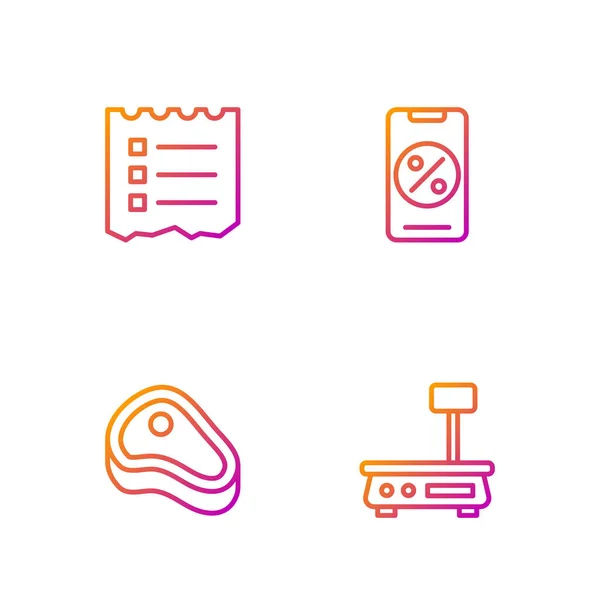 Set line Electronic scales, Steak meat, Shopping list and Percent discount and mobile. Gradient color icons. Vector — Archivo Imágenes Vectoriales