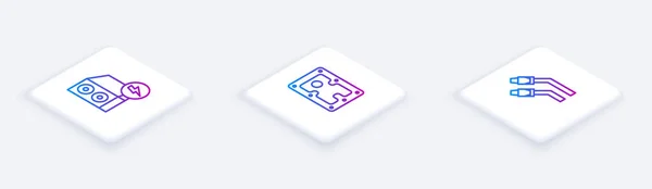 Set Isometric line Case of computer, Hard disk drive HDD and LAN cable network internet. White square button. Vector — Stockvector