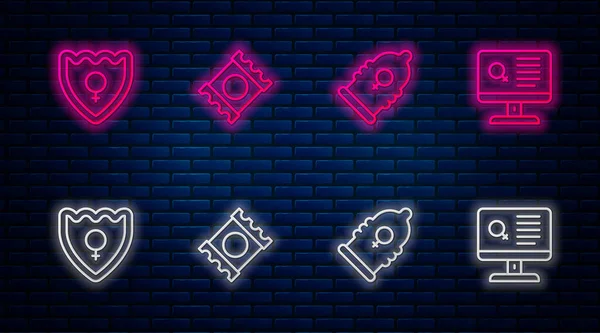 Set line Condom in package, Gender shield, Female and Dating app. Glowing neon icon on brick wall. Vector — Vector de stock