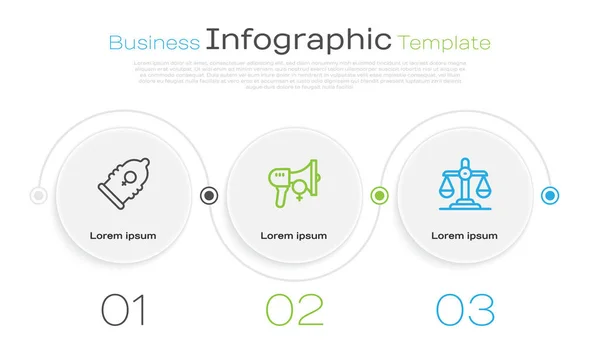 Set line Condom, Feminist activist and Gender equality. Business infographic template. Vector — Vetor de Stock