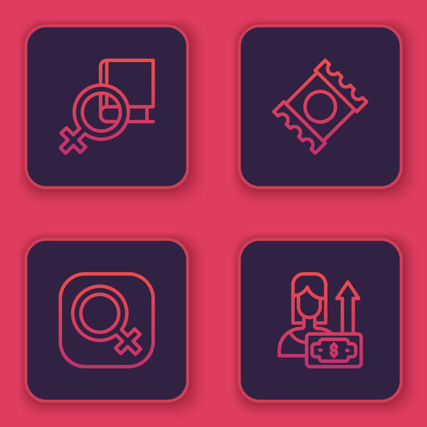 Set line Book about women, Female gender, Condom in package and Money growth woman. Blue square button. Vector