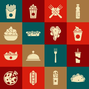 Set Taco with tortilla, Paper glass drinking straw and water, Popcorn cardboard box, Crossed fork, Hotdog sandwich mustard, bowl, Potatoes french fries carton package and Sandwich icon. Vector