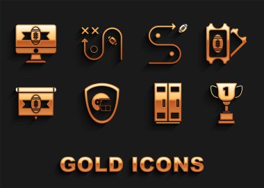 Set American football helmet and shield, Football ticket, Award cup, Locker or changing room for football, basketball team or workers, on tv program, Planning strategy concept, and icon. Vector