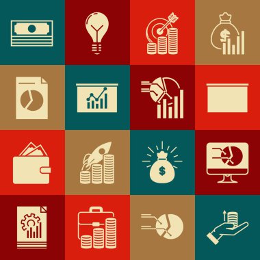 Hazırda Para Ayarla, Grafik grafikli Bilgisayar monitörü, Chalkboard, Hedef Para sembolü, Tahta, Belge, Kağıt Para Yığını ve Pie bilgi simgesi. Vektör