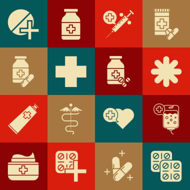 Set Pills in blister pack, IV bag, Cross hospital medical, Medical syringe with needle, Medicine bottle and pills, or tablet and icon. Vector