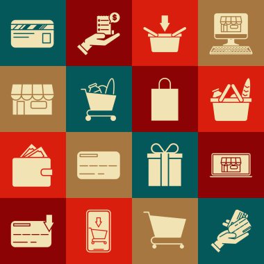 İnsan elini kredi kartıyla, alışveriş binasını dizüstü bilgisayarla, sepet yiyecekle, el arabasıyla ya da market, Kredi ve Kağıt alışveriş poşeti ikonu ile tutun. Vektör