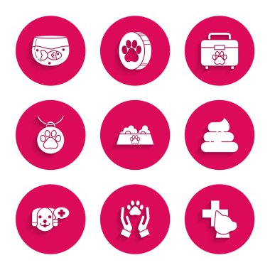 Set Pet food bowl for cat or dog, Hands with animals footprint, Veterinary clinic symbol, Shit, Collar name tag, first aid kit and Aquarium fish icon. Vector