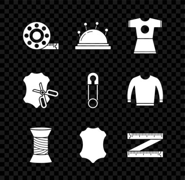 Mezura, iğne ve iğne, kadın elbisesi, dikiş ipliği makara, deri, makas derisi ve klasik kapalı çelik iğne ikonu. Vektör