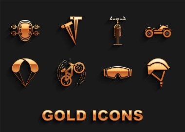 Set Bicycle trick, All Terrain Vehicle or ATV motorcycle, helmet, Ski goggles, Parachute, Knee pads and Pegs for tents icon. Vector