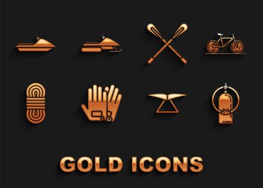 Set Gloves, Bicycle, Aqualung, Hang glider, Climber rope, Crossed paddle, Jet ski and Snowmobile icon. Vector