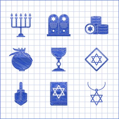 Yahudi kadehi, torah kitabı, Davut Yıldızı kolyesi, Hanuka dreidel, nar, bozuk para ve menorah ikonu. Vektör