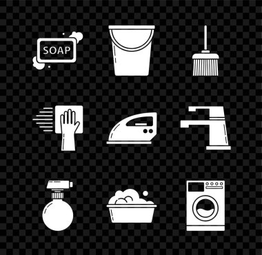 Set Bar of soap with foam, Bucket, Handle broom, , Plastic basin suds, Washer, Cleaning service and Electric iron icon. Vector
