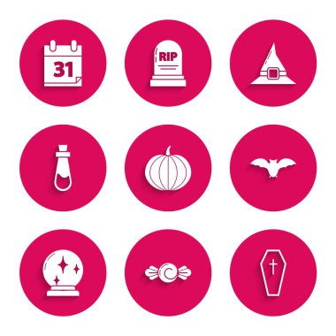 Set Pumpkin, Candy, Coffin with christian cross, Flying bat, Magic ball, Bottle potion, Witch hat and Calendar Halloween date 31 october icon. Vector