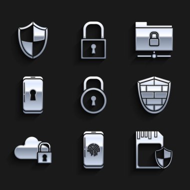 Set Lock, Smartphone with fingerprint scanner, SD card and shield, Shield cyber security brick wall, Cloud computing lock, FTP folder and icon. Vector