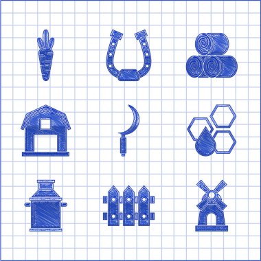 Set Sickle, Garden fence wooden, Windmill, Honeycomb, Can container for milk, Farm House concept, Roll of hay and Carrot icon. Vector