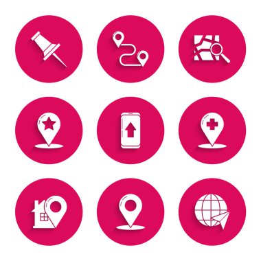 Şehir haritası navigasyon bilgisini, harita pimini, dünyanın yerini, çapraz hastane, ev, yıldız, katlanmış konum işaretleyicisi ve simgeye basılı tıbbi işaretçiyi ayarla. Vektör