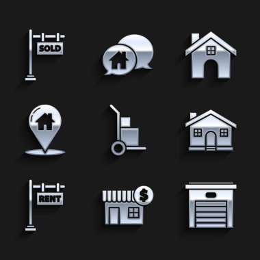 Set Hand truck and boxes, House with dollar symbol, Garage, Hanging sign text Rent, Map pointer house, and Sold icon. Vector