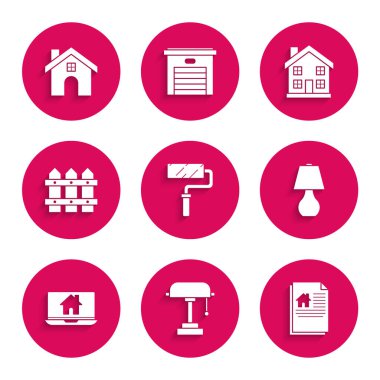 Set Paint roller brush, Table lamp, House contract, Laptop and smart home, Garden fence wooden, Home symbol and icon. Vector