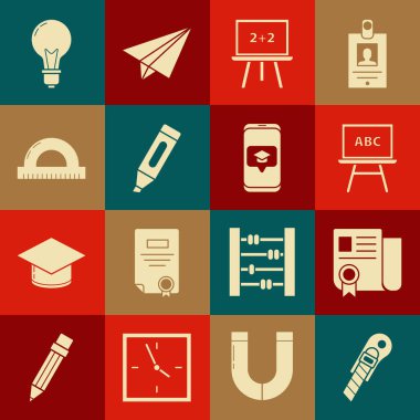 Set Stationery knife, Certificate template, Chalkboard, Marker pen, Protractor grid for measuring degrees, Light bulb with concept of idea and Graduation cap screen smartphone icon. Vector