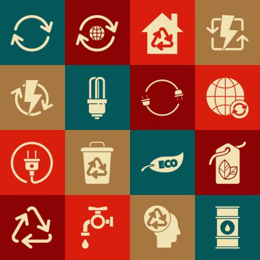 Petrol varil hattı, yaprak sembollü etiket, dünya gezegeni ve geri dönüşüm, Eco House, LED ampul, şarj etme, tazeleme ve elektrik prizi ikonu. Vektör