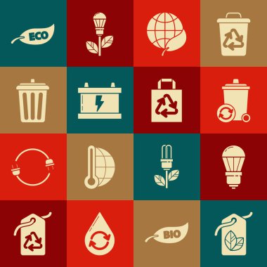 Set Tag with leaf symbol, LED light bulb, Recycle bin recycle, Earth globe and, Car battery, Trash can, Leaf Eco and Paper shopping bag icon. Vector