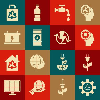 Set Recycle symbol and gear, Electric saving plug in leaf, Human head with inside, Water tap, Oil barrel line, Car battery, Paper shopping bag recycle and Recharging icon. Vector