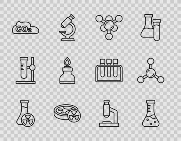 Set line Test tube with toxic liquid, Molecule, CO2 emissions in cloud, Alcohol or spirit burner, Microscope and icon. Vector — Image vectorielle