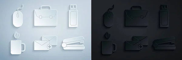 Set Envelope, USB flash drive, Cup of tea and leaf, Office stapler, Briefcase and Computer mouse icon. Vector — Stockvektor