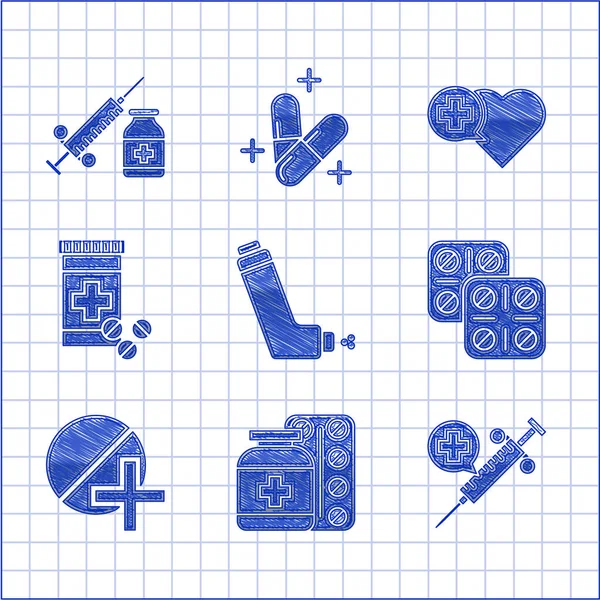 Set Inhaler, Medicine bottle and pills, Medical syringe with needle, Pills blister pack, or tablet, Heart cross and vial ampoule icon. Vector — Archivo Imágenes Vectoriales