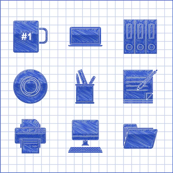 Set Pencil case stationery, Computer monitor with keyboard, Document folder, Blank notebook and pen, Printer, Scotch, Office folders papers documents and Coffee cup icon. Vector — стоковий вектор