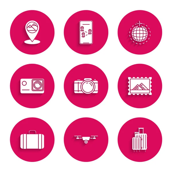 Set Photo camera, Drone flying with action video, Suitcase for travel, Postal stamp and Egypt pyramids, Action extreme, Globe plane and Map pointer mountain icon. Vector — Wektor stockowy