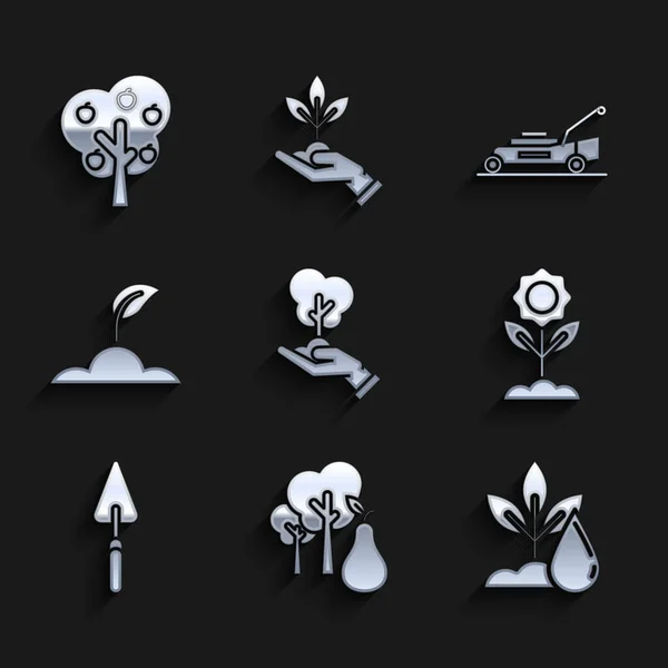 Set Tree in hand of environmental protection, with pears, Watering plant, Flower, Garden trowel spade or shovel, Sprout, Lawn mower and apple icon. Vector — стоковый вектор